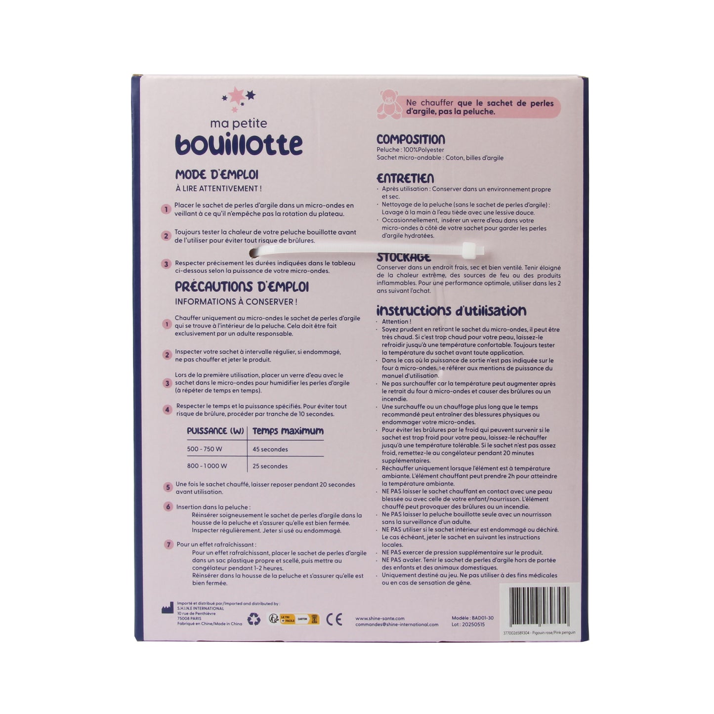 Bouillotte Peluche Pingouin Rose