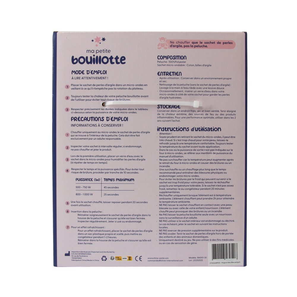 Bouillotte Peluche Pingouin Bleu